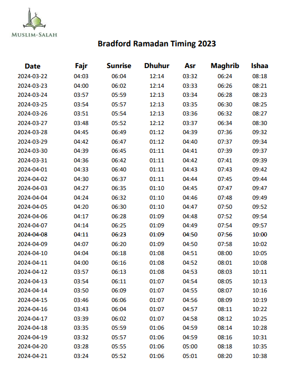 Bradford Ramadan Timetable 2023 Iftar Times in Bradford
