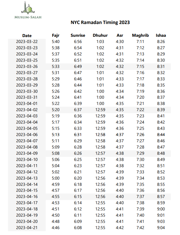 NYC Ramadan Timing 2023 Ramadan Schedule
