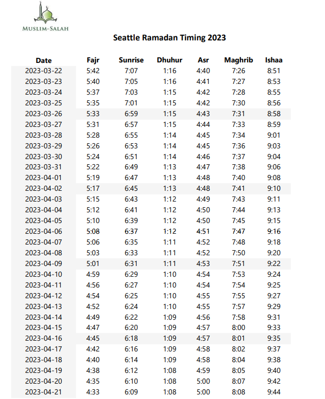 Seattle Ramadan Timing 2023 Ramadan Calender