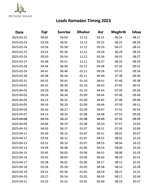 Leeds ramadan time table 2023